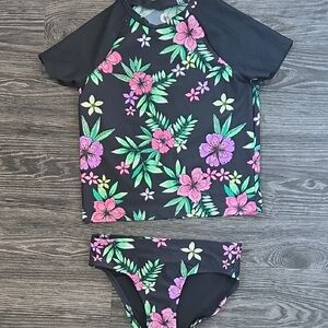 Floral Kids Swim Set - Black and Pink